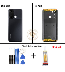 Infinix Hot 20İ Siyah Uyumlu Lensli Arka Kapak + Yapıştırıcı ve Vida Seti Arka Cam Lazer Kesim