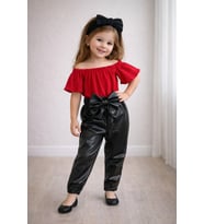 Kız Çocuk Likralı Deri Fiyonk Detaylı Pantolon Kırmızı Straplez Crop Bluz Ve Saç Bandı Takımı.