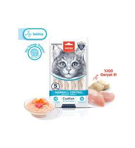 Wanpy Hairball Control Tüy Yumağı Önleyici Morina Balığı ve Tavuklu Sıvı Ödül Maması 5x14 gr