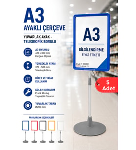 5 Adet - A3 Ayaklı Çerçeve Seti Yuvarlak Tabanlı Teleskopik Fiyat Etiketi Standı Mavi