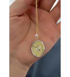 925 Ayar Gümüş Gold Rodyum Kaplama Incili Stars Plaka Kolye