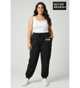 Kadın Büyük Beden New York Paça Lastikli Rahat Kesim Jogger İnce Eşofman Altı SPR26BEAK951-5 (Siyah)
