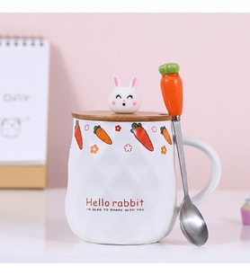 400ml Havuç Tavşan Sevimli Seramik Kapaklı Kaşıklı Kupa Bardak