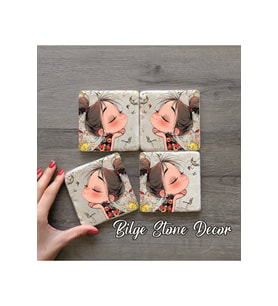 bilge tasarım Stone Decor Taş Bardak Altlığı 4'lü Set 10x10x1 Cm desenli