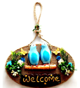 Mavi Kuşlu Çiçekli Welcome Yazılı Kapı Süsü