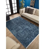 Outlet - Mavi Madalyonlu Eskitme Klasik Kaymaz Taban Salon Halısı Dijital Baskı