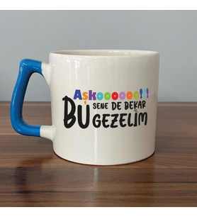 Aşkoooooo Baskılı Mavi Kulplu D Kupa