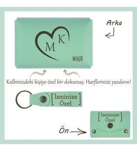 Açık Yeşil, İsme Özel Kalp ve Harf Motifli Cüzdan & Anahtarlık Seti, Sevgilinize Unutulmaz Hediye
