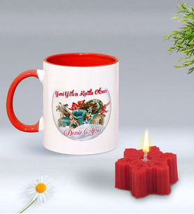 Yılbaşı Hediyesi BK Gift Kişiye Özel Yeni Yıl Tasarımlı Kırmızı Kupa Bardak ve Kırmızı Kar Tanesi Kokulu Mum Hediye Seti-12, Sevgiliye, Arkadaşa Hediye
