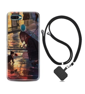 Oppo A5S A15 A16 A54 A55 A73 A74 Kılıf Boyun Askılı Silikon Kız ve Kedi 1762