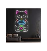 Bubble Tea İçen Kedi Figürlü Neon Tabela