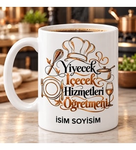 Kişiye Özel Yiyecek İçecek Hizmetleri Öğretmeni Aşçı Şapkası ve Tabak Çizimli Kupa Bardak