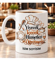 Kişiye Özel Yiyecek İçecek Hizmetleri Öğretmeni Aşçı Şapkası ve Tabak Çizimli Kupa Bardak