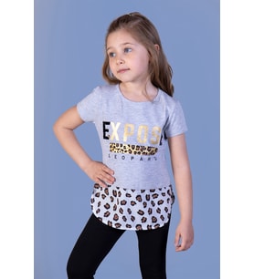 Toontoy Kız Çocuk Leopar Desenli Poplin Detaylı Tişört ( Gri-Melanj)