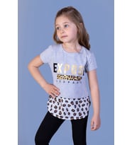 Toontoy Kız Çocuk Leopar Desenli Poplin Detaylı Tişört ( Gri-Melanj)