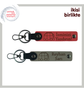 Gezgin Ruhlara Kişisel Dokunuş, Karavan Desenli Deri Anahtarlık Takımı, x2' li, Nar Çiçeği-Kül Gri