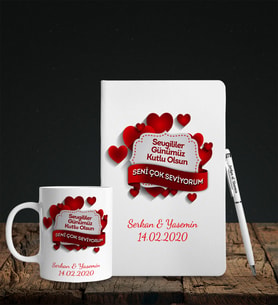 Sevgililer Gününe Özel Beyaz Deri Defter Kalem Kupa Hediye Seti 5