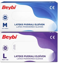 Beybi Lateks Pudralı Muayene Eldiveni M - Medium - Orta / L - Large - Büyük Karma 200 Lü Set