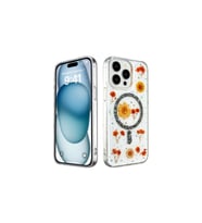 Apple iPhone 14 Pro Max Kılıf Gerçek Çiçekli Simli Magsafe Support Kapak - Siyah