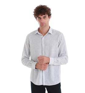Gri Comfort Fit Çizgili Slim Yaka Uzun Kollu Keten Gömlek