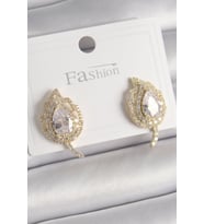 Pirinç Gold Renk Zirkon Taşlı Yaprak Model Kadın Küpe - TJ-BKP9945