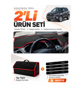 e-biz FORD KUGA (2015-2019) Uyumlu Torpido Örtüsü + Tay Tüyü Bagaj Çantası - Siyah-Kırmızı - FO025