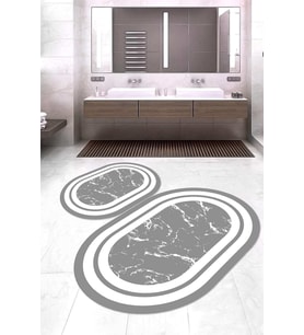 Dijital Baskılı Kaymaz Taban Yıkanabilir Oval 2'li Klozet Takımı Banyo Paspası NOKZ-HY-1383 (Gri)