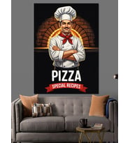 Fırın Önünde Pizza Ustası Şef Aşçı " Özel Pizza Tarifleri" Sloganlı Afiş Dekoratif Kanvas - Mdf Ahşap Tablo