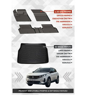 Sahler Peugeot 3008 2016-2024 Uyumlu 4.5D Premium Havuzlu Oto Paspas ve Liner Marka 3D ÜST Bagaj Havuzu