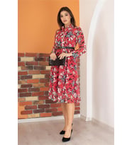 Neşeli butik kadın kırmızı kemerli çiçek desenli şifon elbise RY0031 (Bordo)