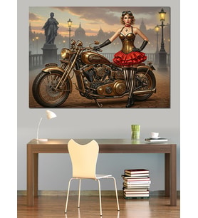Motosiklette Güneşli Vintage Kadın Dekoratif Kanvas - Mdf Ahşap Tablo