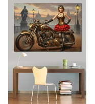 Motosiklette Güneşli Vintage Kadın Dekoratif Kanvas - Mdf Ahşap Tablo