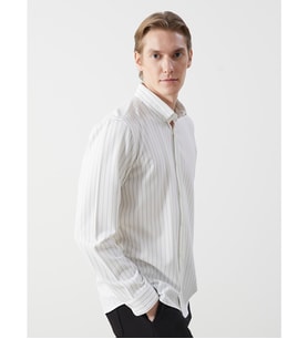 LCW Vision Ekru Slim Fit Uzun Kollu Çizgili Armürlü Erkek Gömlek