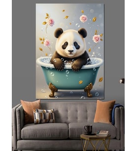 Küvette Yıkanan Panda Resmi Dekoratif Kanvas - Mdf Ahşap Tablo