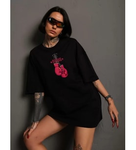 Unisex Bisiklet Yaka Baskılı Oversize T-Shirt - Siyah