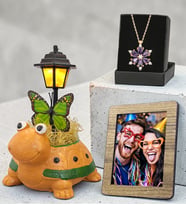 Kaplumbağa Masa Lambası, Gerçek Ametist Taşlı Lotus Kolye ve Fotoğraf Çerçevesi Hediye Seti (Model 1)