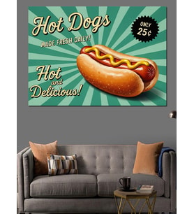 Hot Dog Sloganlı Sosisli Görselli Retro Afiş Dekoratif Kanvas - Mdf Ahşap Tablo
