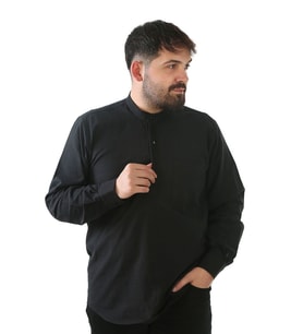 Hac ve Umre İçin Gömlek Nakışlı Uzun Kollu Siyah Hakim Yaka  %100 Pamuk Hüdayi