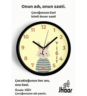 İsme Özel Sevimli Tavşan Çocuk Odası Duvar Saati Orta Boy 30 cm Siyah Camlı Sessiz