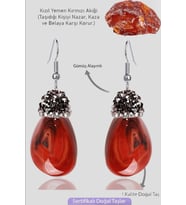 Sertifikalı Zirkon Taşlı Model Ham Yemen Kızıl Akik Taşı Küpe (Kırmızı)