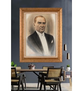 Altın Varaklı Çerçeveli Paspartulu Atatürk Tablo nh376 (Gold)