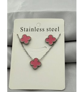 Kadın Yonca Figürlü Mineli Çelik Kolye Küpe Set (Pembe)