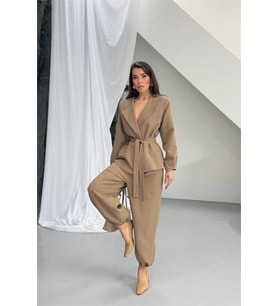 vizon kahverengi kuşak detaylı oversize şalvar pantolon blazer ceket takım NBNP023