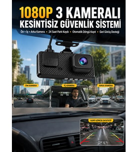 Lexroo 3 Kameralı Araç Kamerası Full HD 1080P Ön İç Arka Kayıt DVR Park Modlu Geri Görüşlü