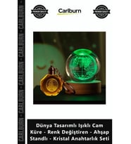 Özel Üretim Dünya Tasarımlı Işıklı Cam Küre Renk ğiştiren Ahşap Standlı Kristal Anahtarlık Seti