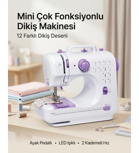 Ev Tipi Mini Dikiş Makinesi Ayak Pedallı LED Aydınlatmalı 12 Farklı Dikiş Desenli
