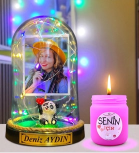 Kişiye Özel Renkli Led Işıklı Fanus ve Kokulu Mum Hediye Seti (Model 8)