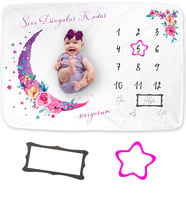 MokyDesign Aylık Fotoğraf Çekim Anı Battaniyesi Yumuşak Polar. Bebek Hediyelik. Kız Bebek Yeni Doğan Hediye Seti. Baby Shower Hediyesi. 150 X 100 cm, 2 Adet Özel Kesim Çerçeve Hediyeli