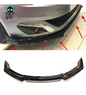 Peugeot 308 Gri Renkli Şeritli Dilli Ön Lip 4 Prç Parlak Siyah ABS 2009 - 2016