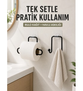 Mey İthalat® Banyo ve Mutfak İçin Yapışkanlı Havlu Askılığı ve Rulo Kağıt Tutucu Set